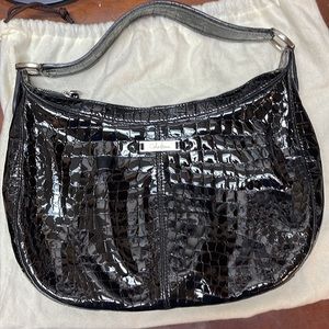 Women’s Cole Haan Black Croc Print Patent Leather Hobo Bag